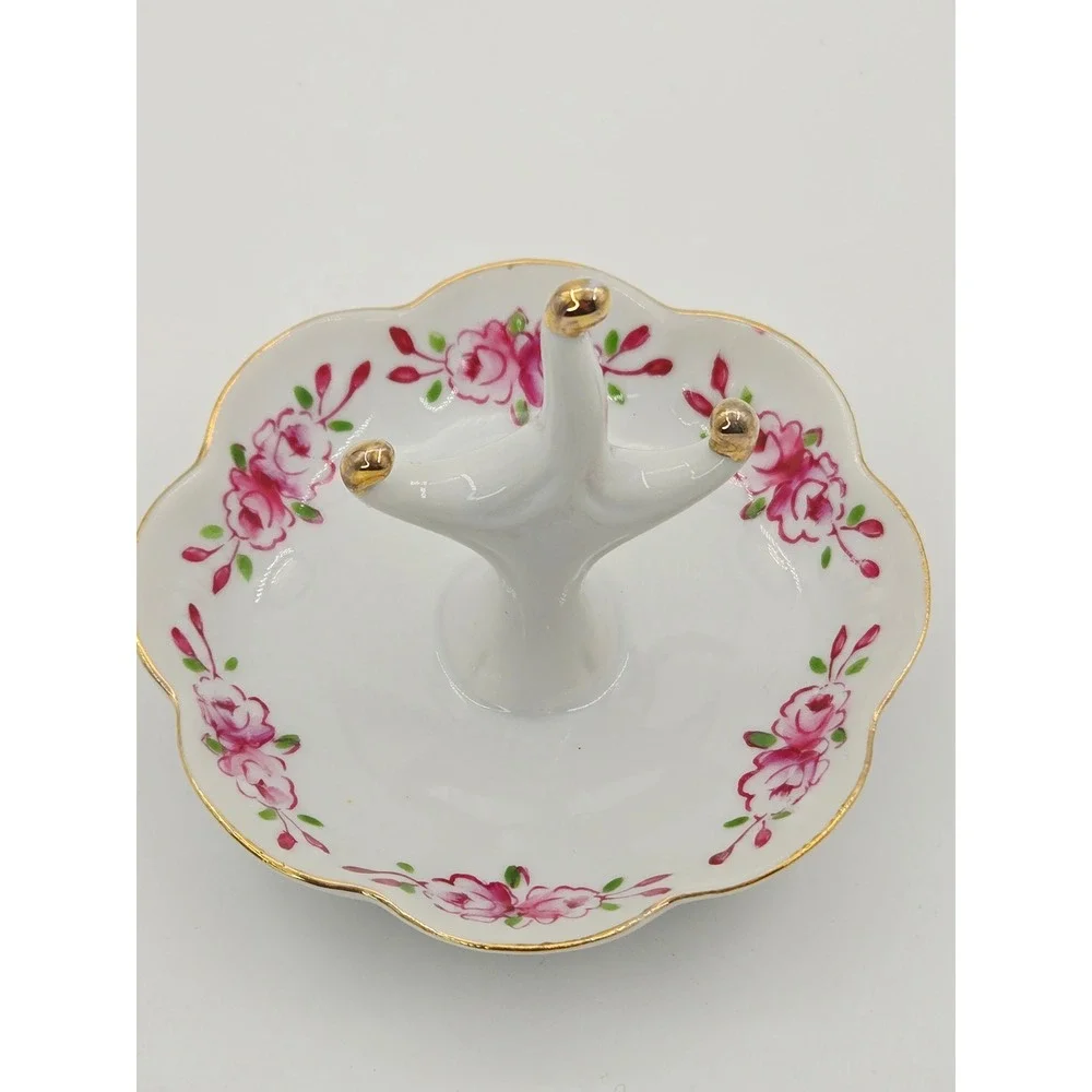 Vintage I.W. Rice Hand Painted Porcelain Ring Holder Pink Rose Gold Trim Japan